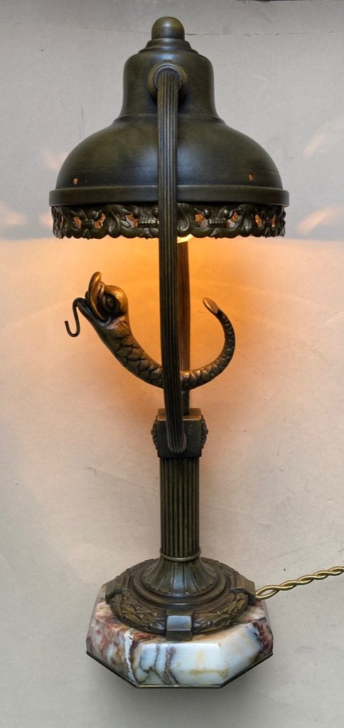 Antieke Porte Montre met Dolfijn als Bedlamp - 35 cm hoog, Ophalen of Verzenden