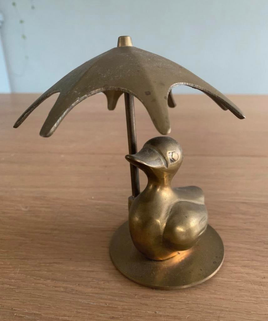Vintage messing eendje met paraplu 12cm, Ophalen of Verzenden, Koper