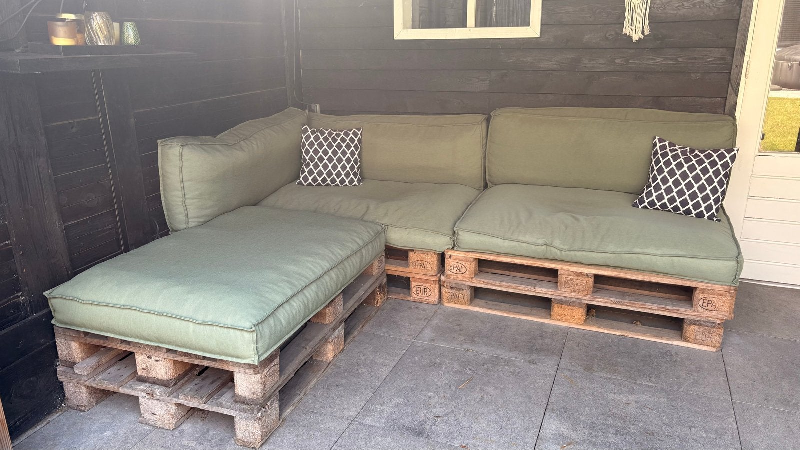 Pallet Loungeset met Kussens, Ophalen, 4 zitplaatsen, Gebruikt, Loungeset