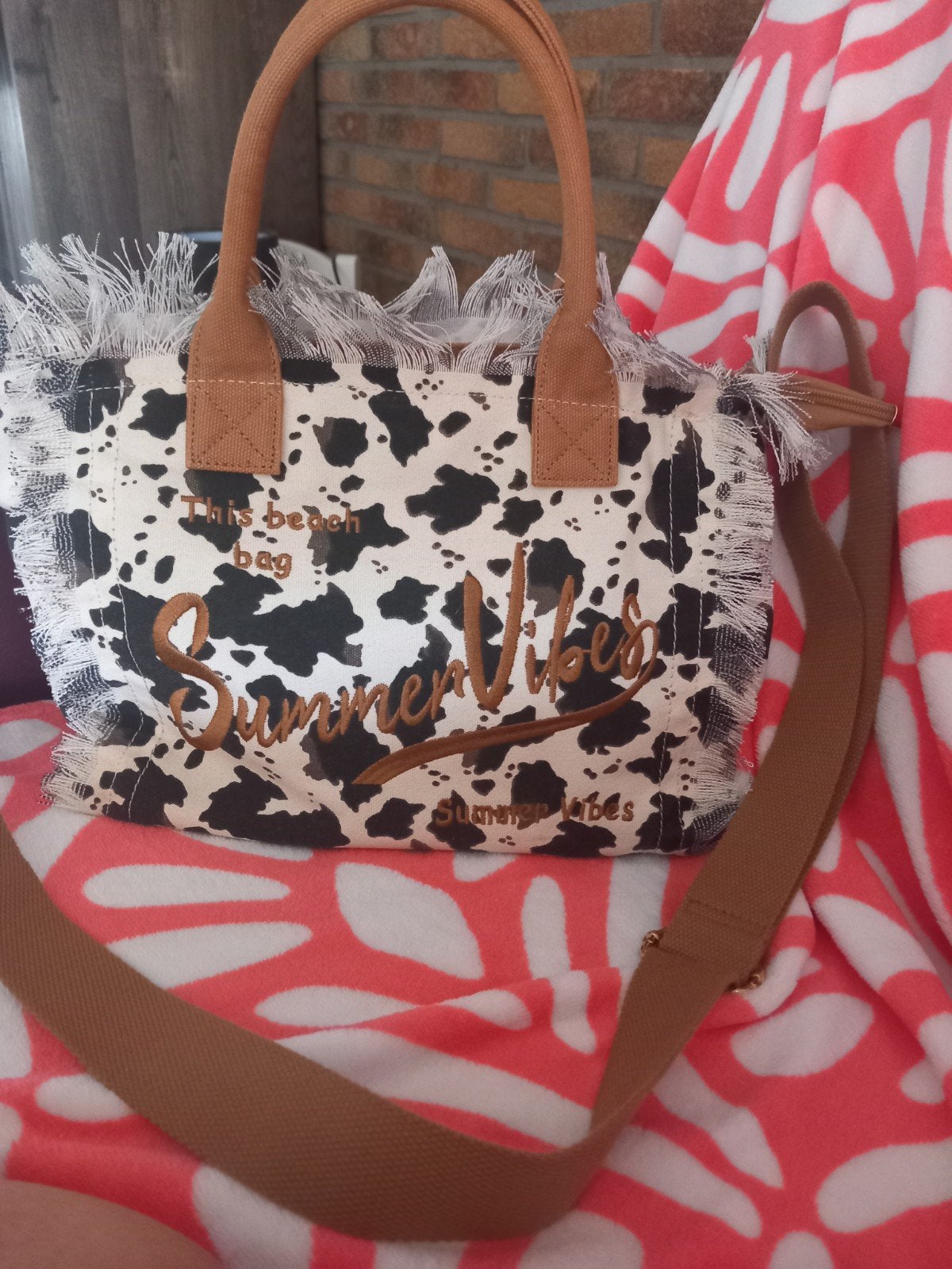 Leuke Zomer Tas met Koeienprint en 'Summer Vibes .Ophalen', Ophalen of Verzenden, Nieuw, Bruin, Handtas