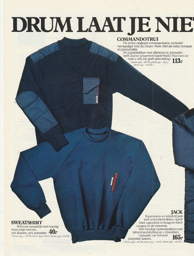 Retro reclame 1983 Drum Utrecht actie truien & shirts, Verzenden, Overige typen