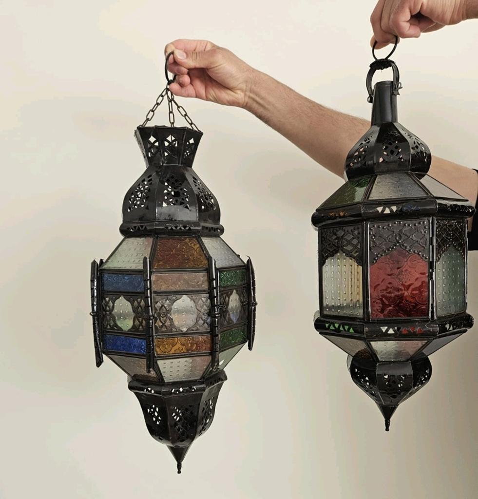 Set van 2 Marokkaanse lantaarns met gekleurd glas, Ophalen, Zo goed als nieuw, Glas, Marokkaans, Oosters, Bohemien