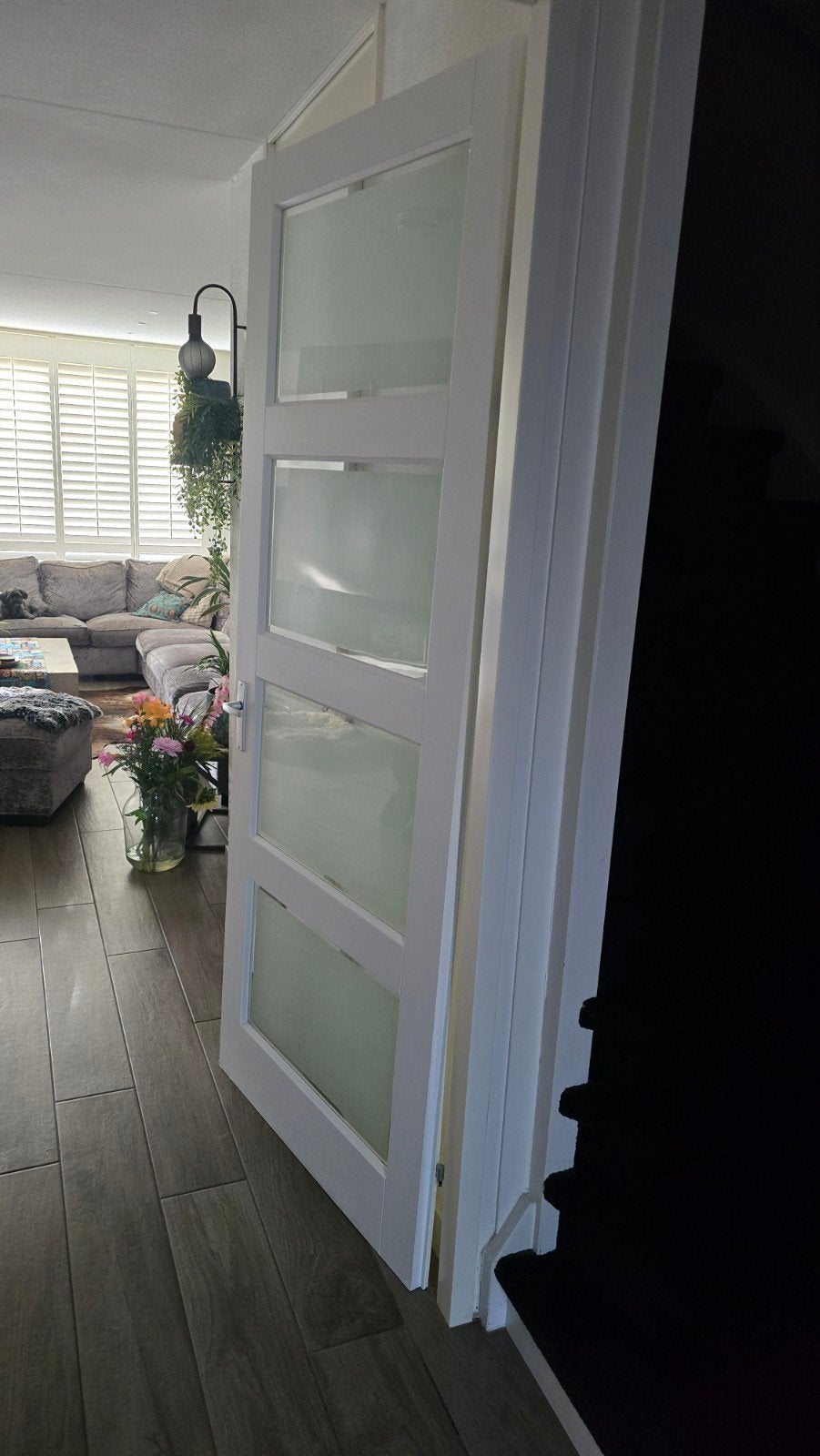 Massief houten opdekdeur 231,5x93 met facet geslepen matglas, Ophalen, Gebruikt, 80 tot 100 cm, 215 cm of meer