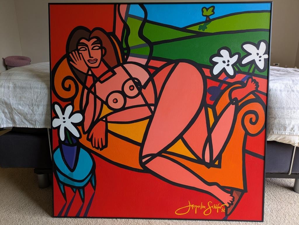 Vrouw op Sofa acryl op paneel ingelijst 100x100, Ophalen of Verzenden
