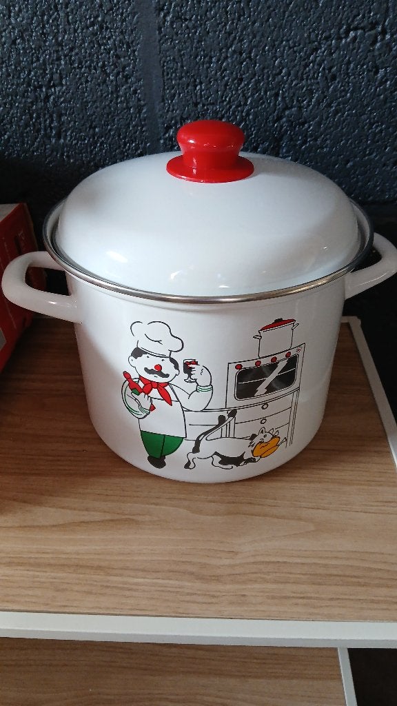 Emaille kookpan met vrolijke kok en kat - Zo goed als nieuw, Met deksel, Ophalen of Verzenden, Zo goed als nieuw, Kookpan