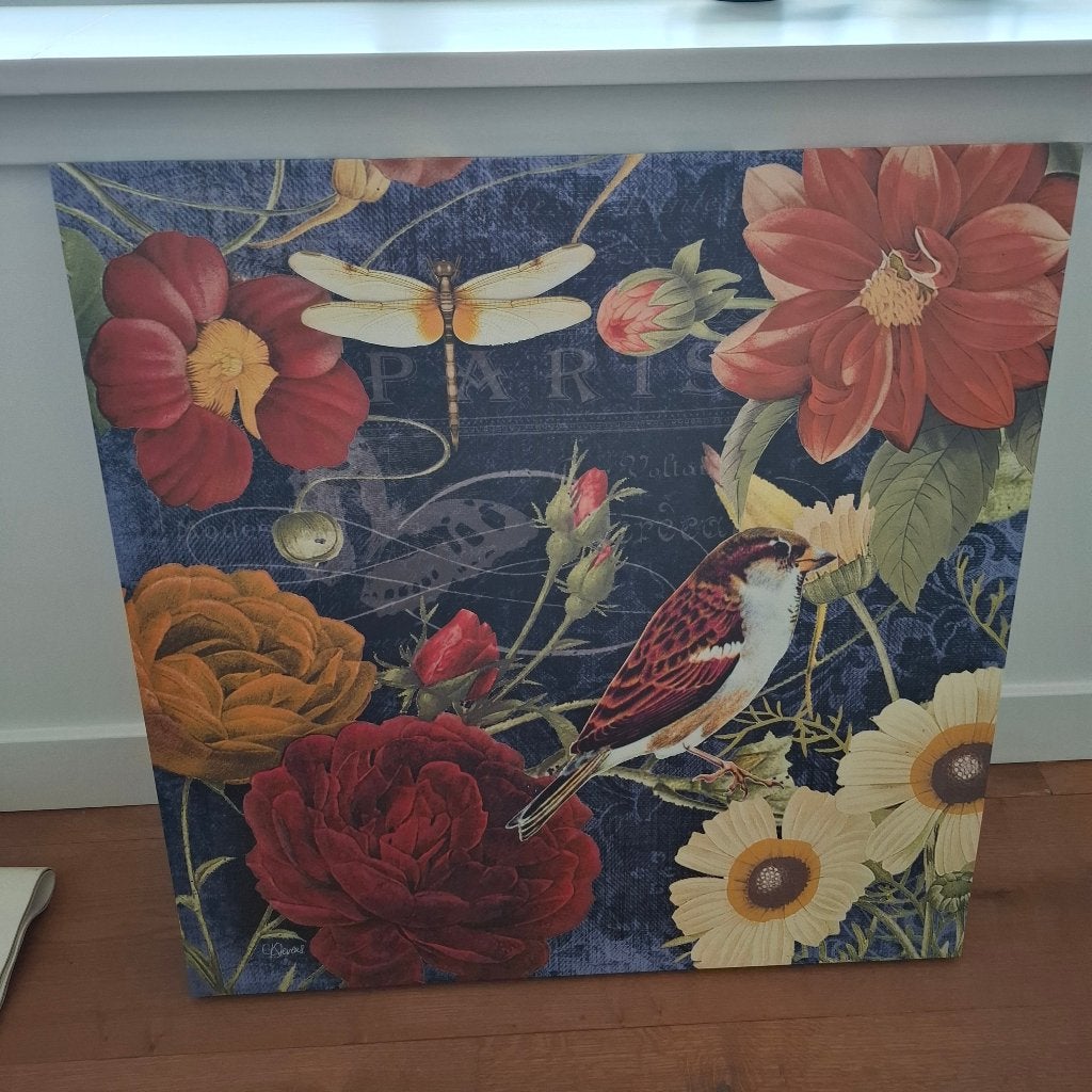 Prachtig canvas schilderij libelle mus bloemen, Huis en Inrichting, Ophalen, Zo goed als nieuw, Schilderij, 75 tot 100 cm