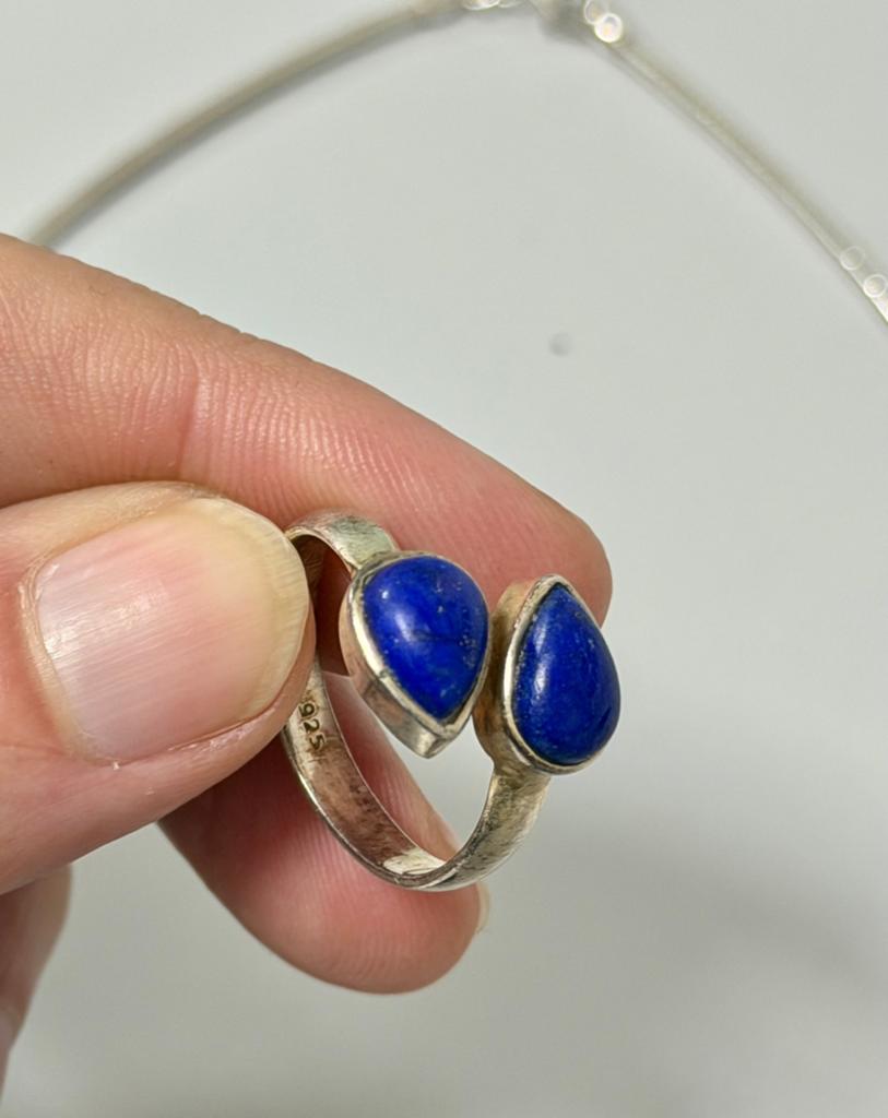 Vintage 925 zilveren zilver set Lapis Lazuli ketting + ring, Ophalen of Verzenden, Zilver, Ketting, Met edelsteen