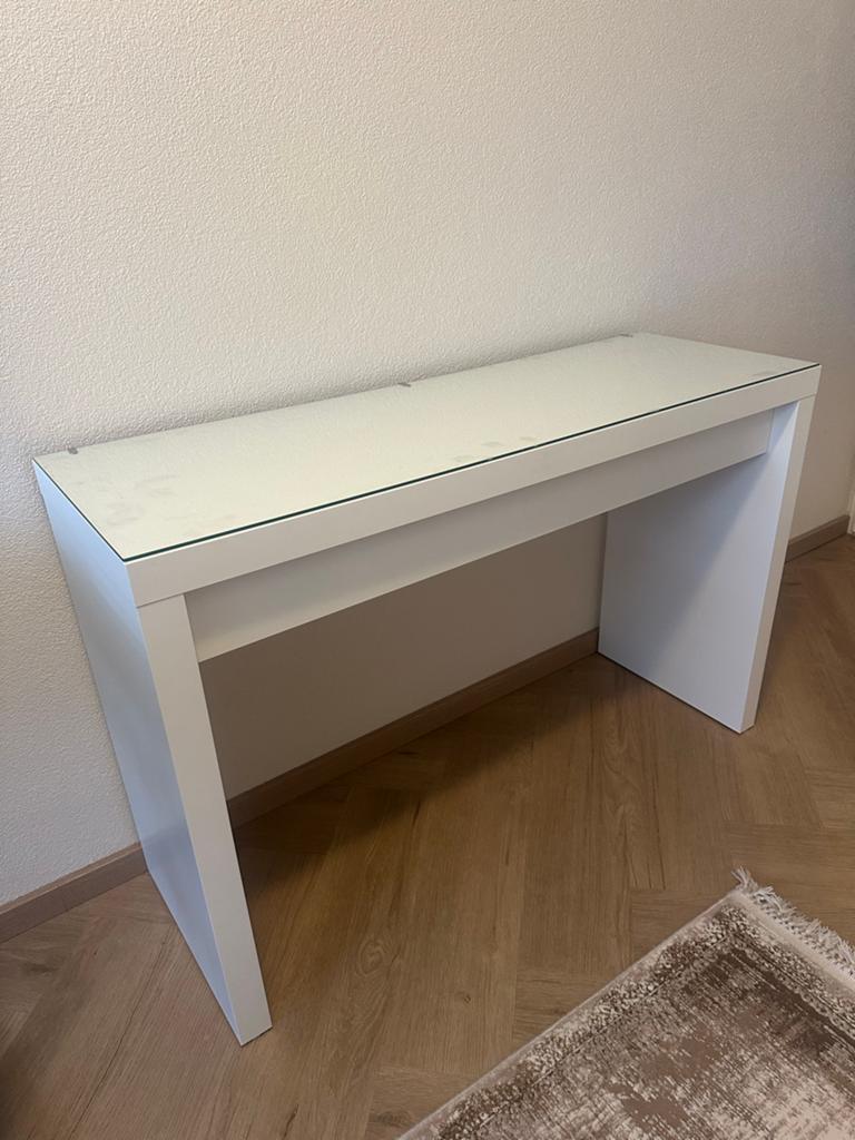 IKEA MALM - Witte console tafel met la, Huis en Inrichting, Gebruikt, 100 tot 150 cm, Ophalen of Verzenden, 25 tot 50 cm