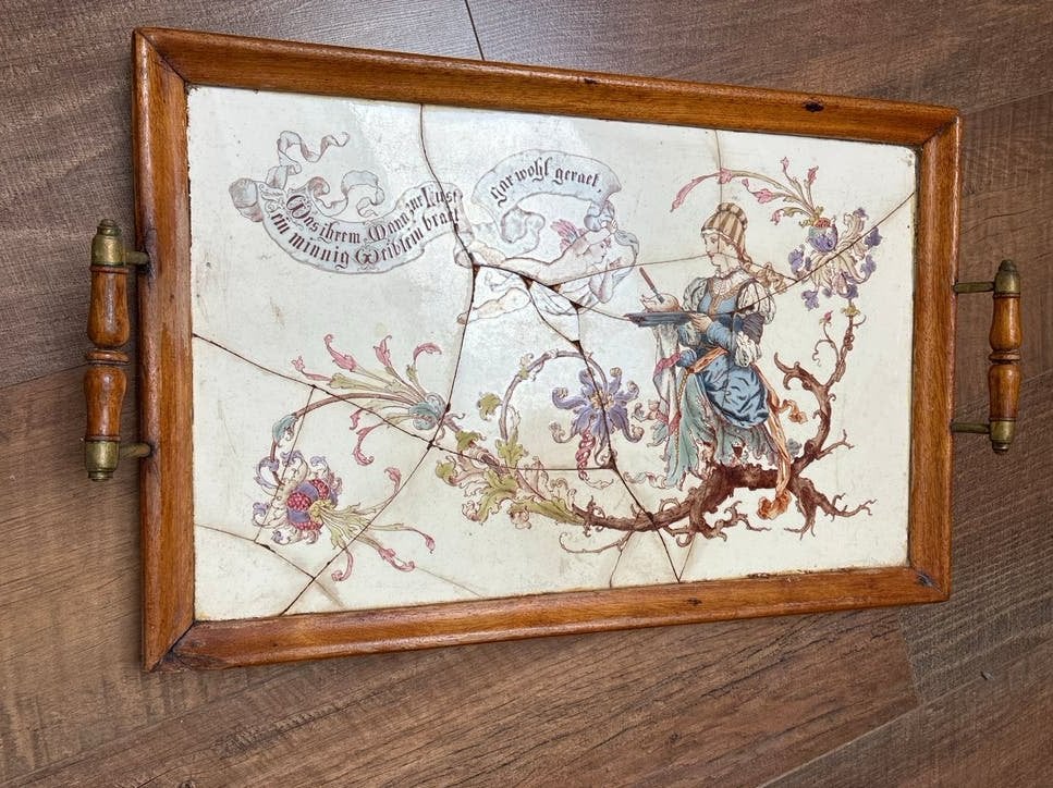 Antiek dienblad met gebroken tegels en houten frame, Ophalen of Verzenden