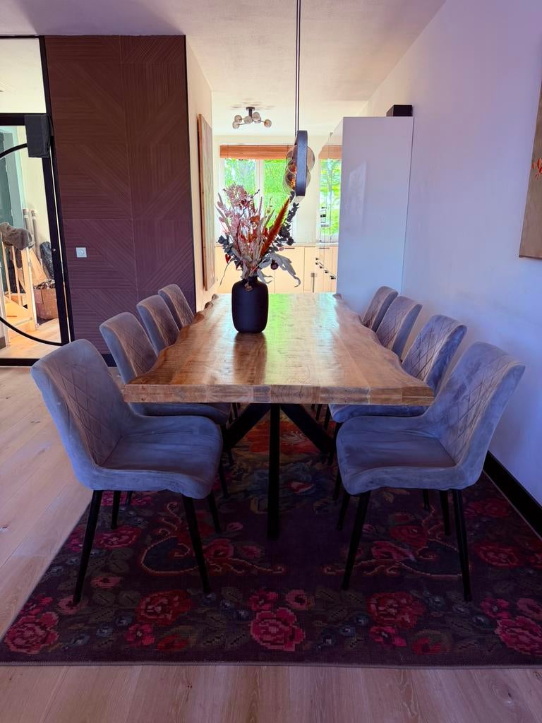 8 velvet grijze eetkamerstoelen, Huis en Inrichting, Stoelen, Velours, Ophalen of Verzenden, Zo goed als nieuw, Vijf, Zes of meer stoelen