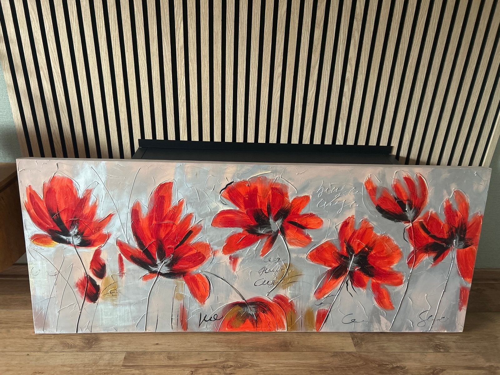 Schilderij met rode bloemen - 150x60 cm, 50 – 75, 125 cm of meer, Ophalen of Verzenden, Zo goed als nieuw