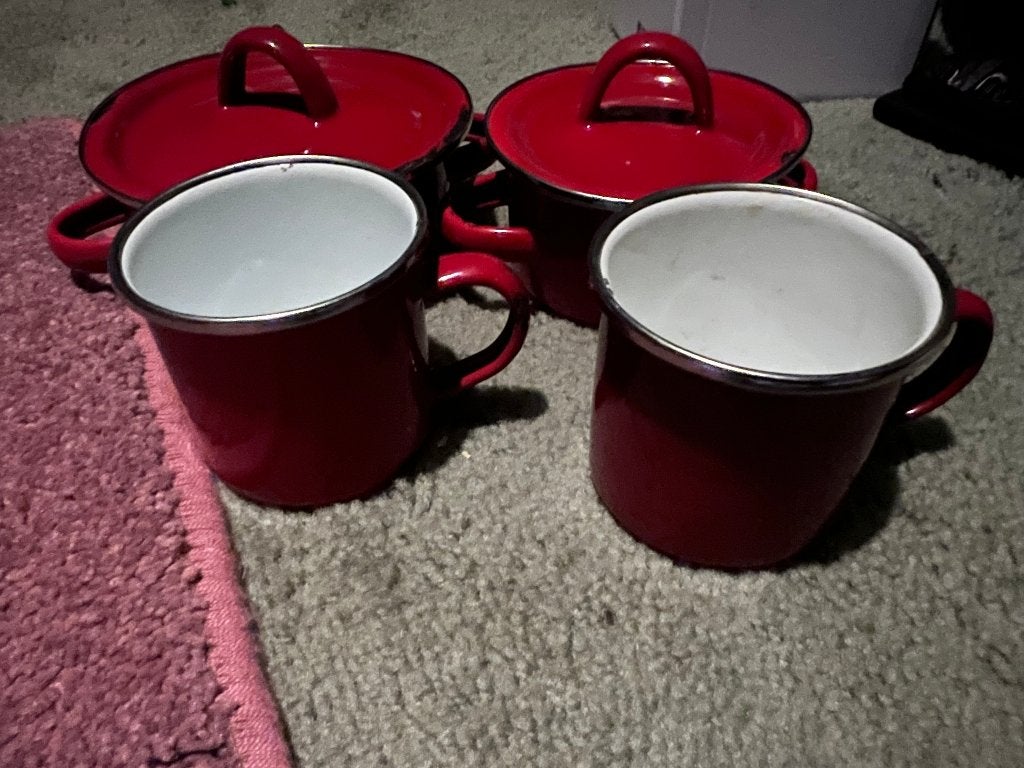 emaille rood  kinderservies 2 pannen , deksels  2 bekertjes, Ophalen of Verzenden