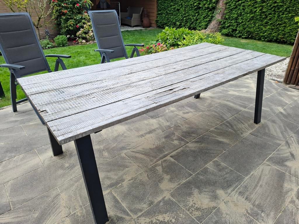 Robuuste houten tuintafel 220x100x70 cm, Tuin en Terras, Tuintafels, Ophalen, Gebruikt, Rechthoekig, Hout