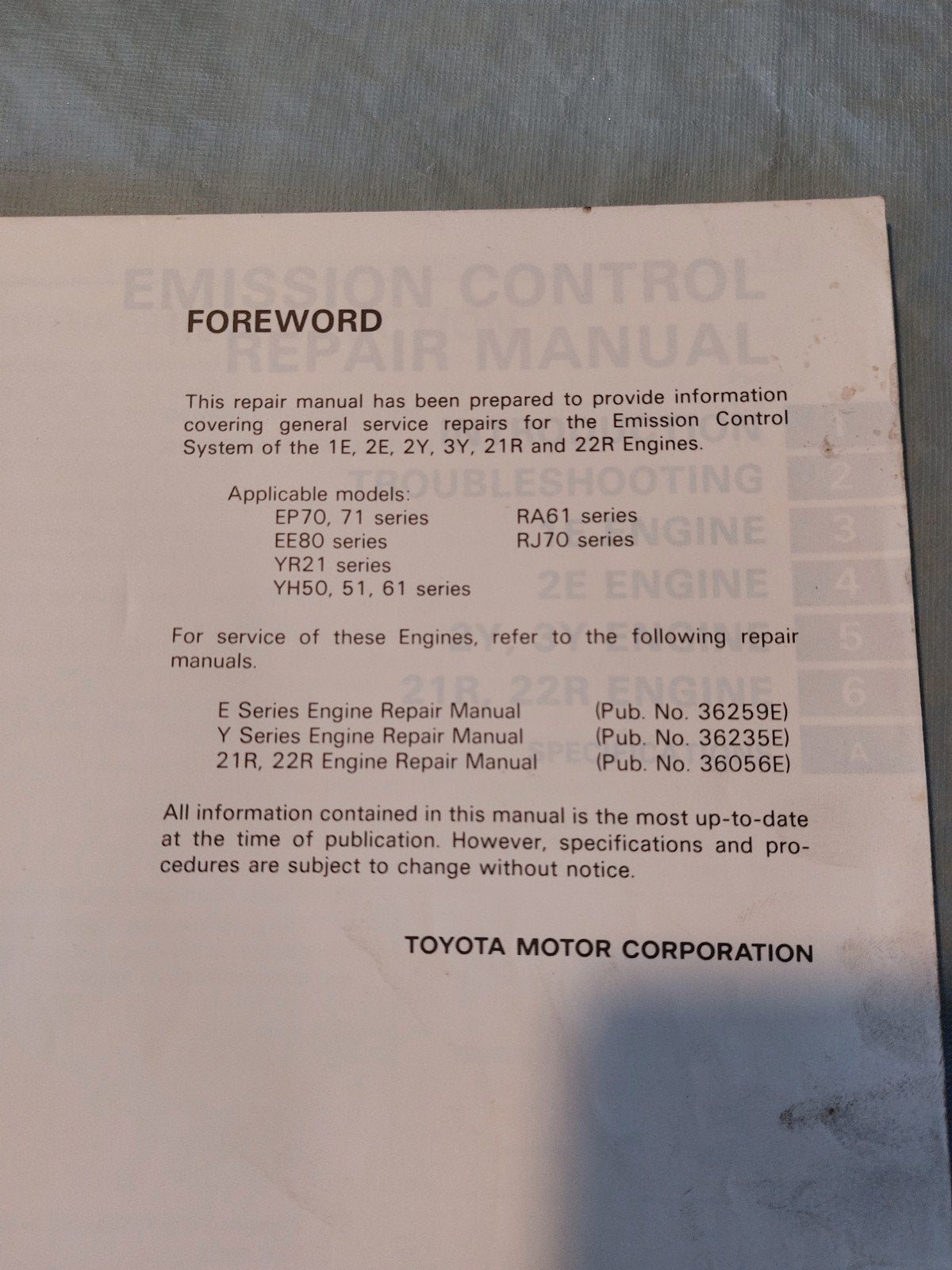 REPAIR MANUAL FOR EMISSION CONTROL TOYOTA 1E 2E 2Y 3Y 21R 22, Auto diversen, Ophalen of Verzenden