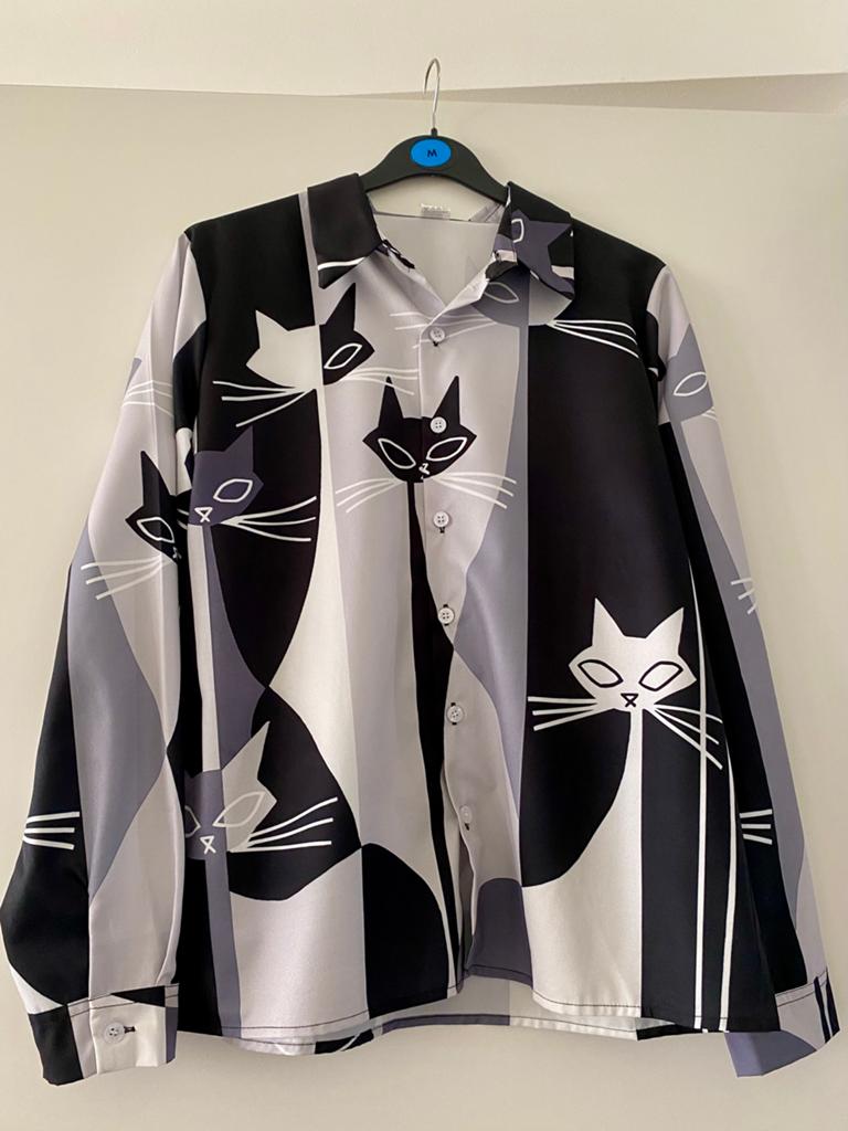 Leuke poezen blouse, Ophalen of Verzenden, Gedragen, Maat 38/40 (M), Grijs