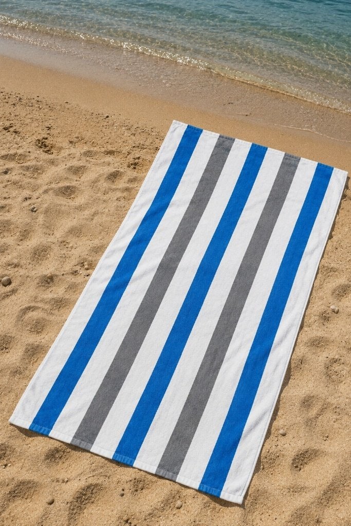 Partij grijs blauw gestreepte cabana handdoeken, Huis en Inrichting, NHP International, Blauw, Handdoek, Ophalen of Verzenden