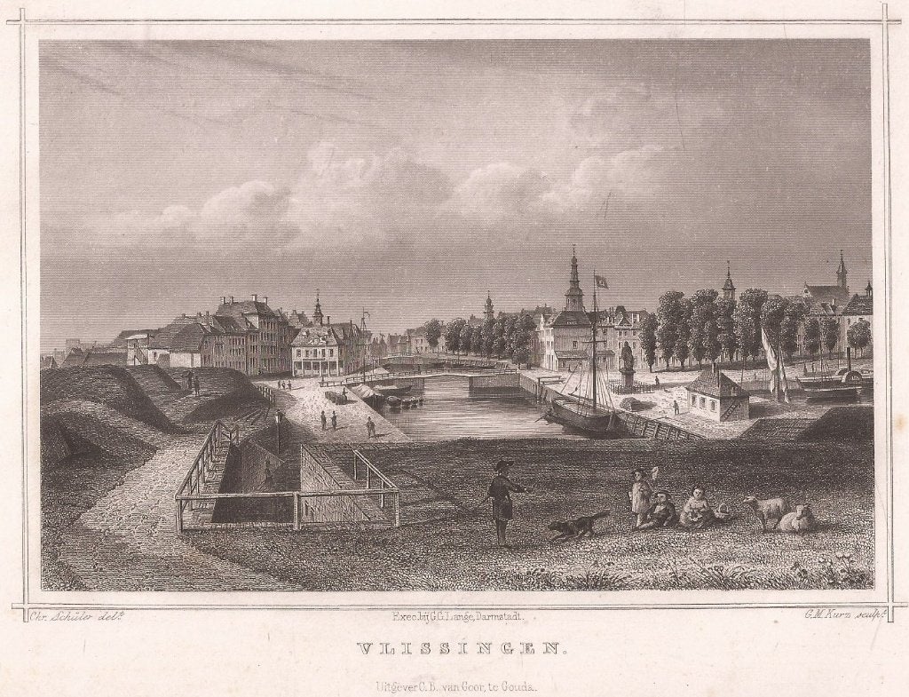Vlissingen Gezicht op Bierhaven en Beurs vanaf het Rondeel, 1800 - 1899, Stadsgezicht, Ophalen of Verzenden, 13 cm