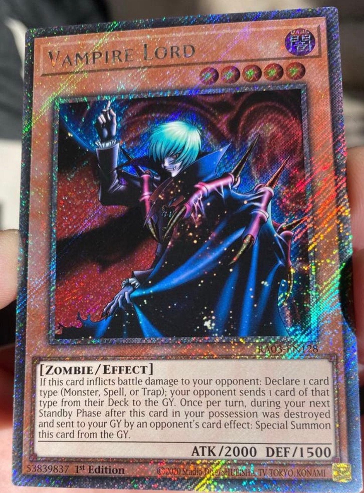 Yu-Gi-Oh! Vampire Lord RA03 1st Edition !, Ophalen of Verzenden, Zo goed als nieuw, Losse kaart, Foil