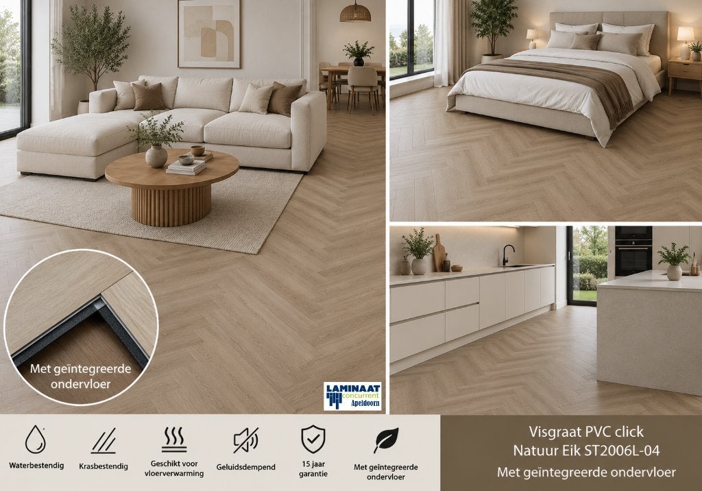 Visgraat Pvc click Natuur Eik integreerde ondervloer €19,95, 75 m² of meer, Nieuw, Ophalen of Verzenden, Beige