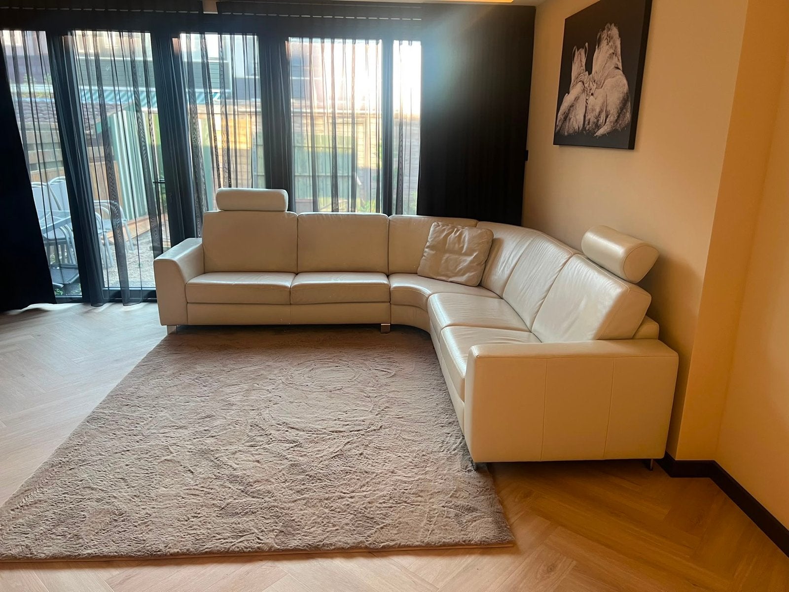 Leren hoekbank - Crème wit - Zeer comfortabel, Ophalen, 250 tot 300 cm, Gebruikt, Hoekbank