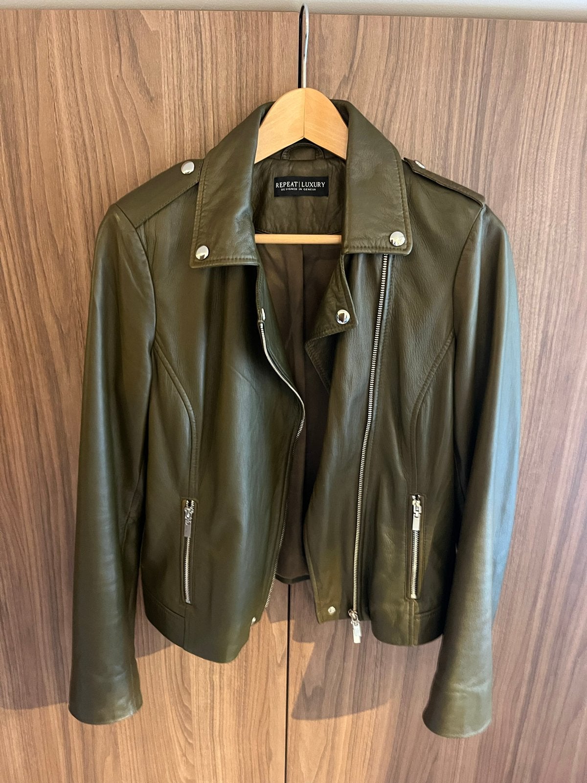 REPEAT LUXURY Leren Bikerjack, Kleding | Dames, Ophalen of Verzenden, Zo goed als nieuw, Maat 36 (S), Groen