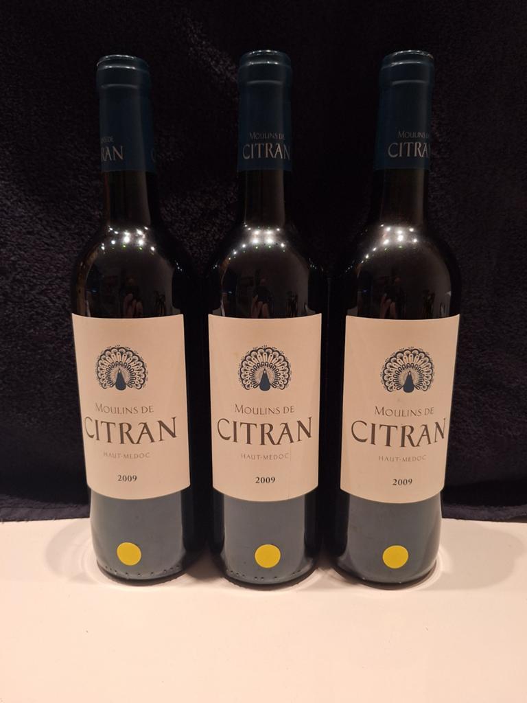 3 flessen Moulins de Citran Haut-Médoc 2009, Frankrijk, Nieuw, Ophalen of Verzenden, Rode wijn