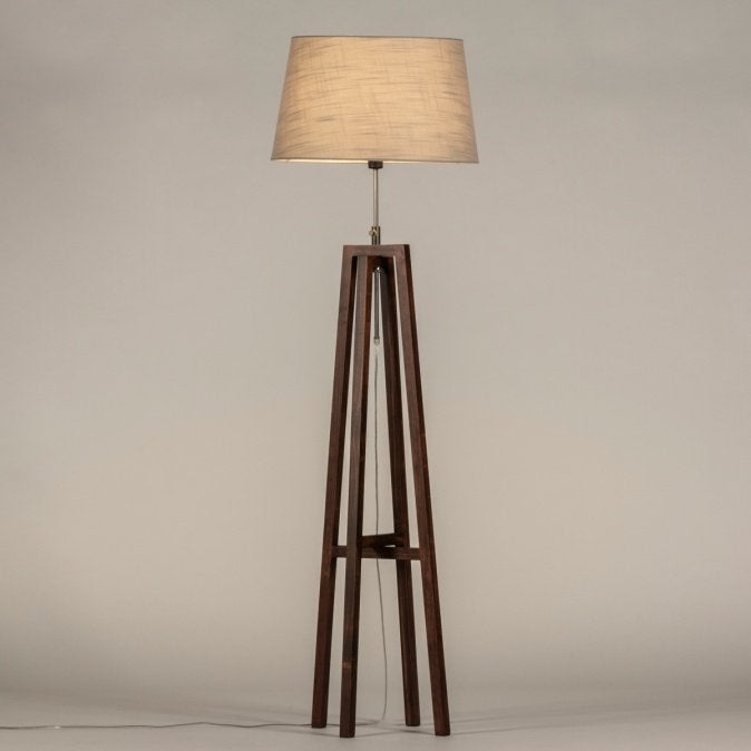 vloerlamp tripod waltnoot kap taupe bank hoekbank tafel lamp, Ophalen of Verzenden, Nieuw, Hout