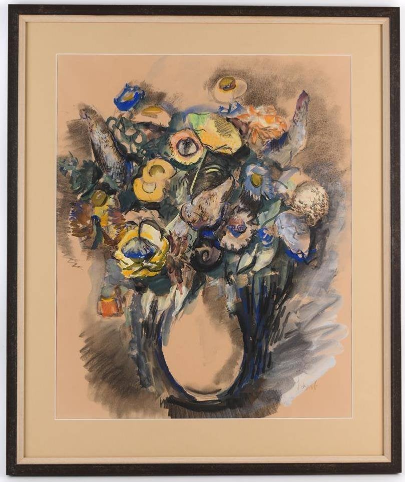 Henrikus M (Henk) v/d Idsert (1921) Gouache"Stil Bloemen"Ges, Passe-partout, Papier/karton, Ophalen of Verzenden, Bloemen