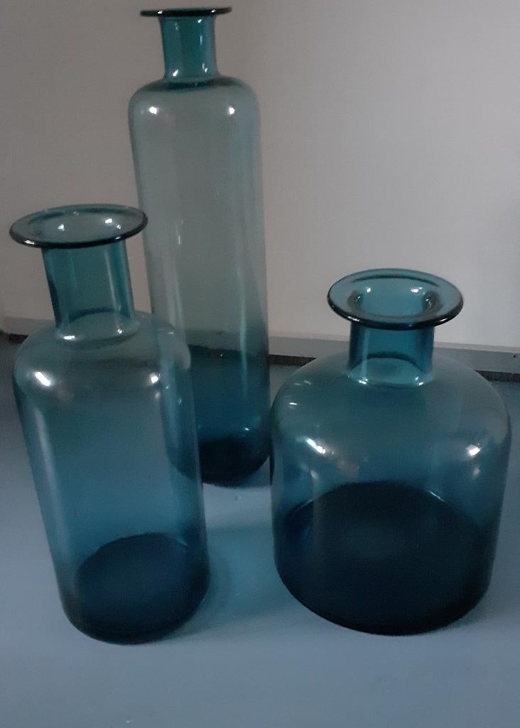 Decoratieve glazen vazenset blauw, Huis en Inrichting, Woonaccessoires | Vazen, Ophalen, Blauw, Minder dan 50 cm, Glas