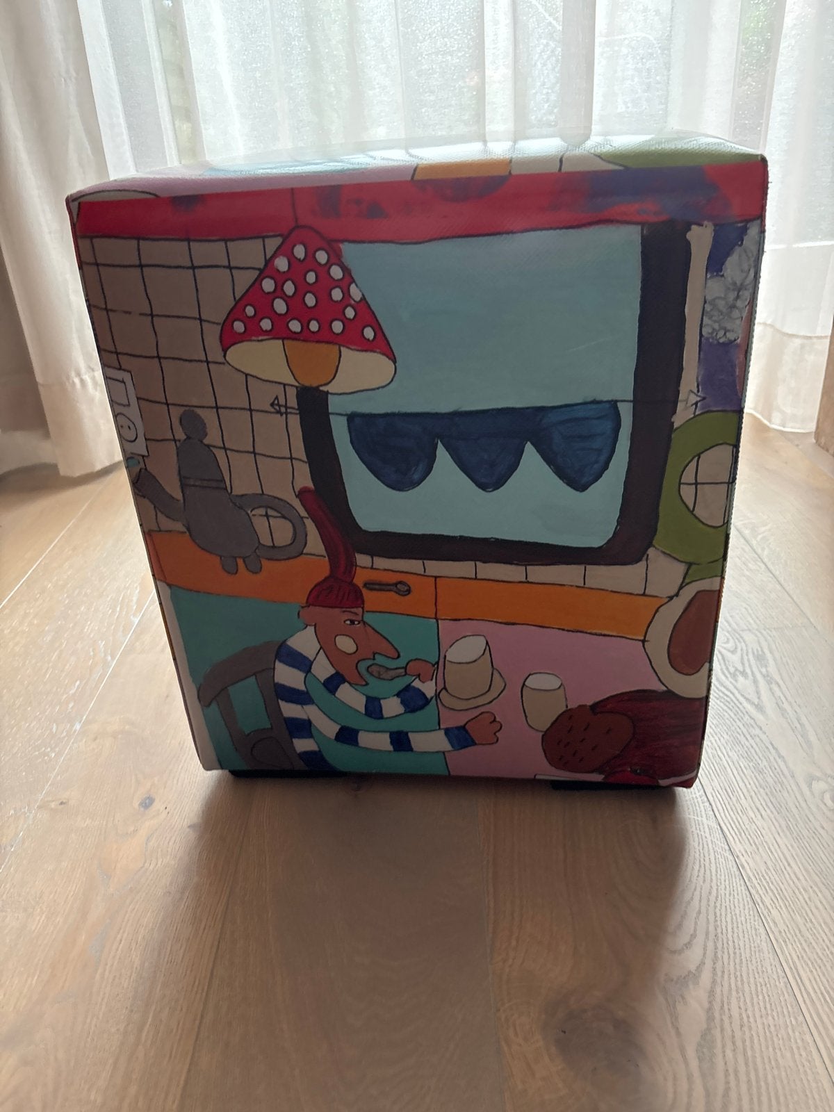 Unieke poef van duurzaam vrachtwagenzeil - 40x40x47cm, Ophalen, Overige materialen, Minder dan 50 cm, Vierkant