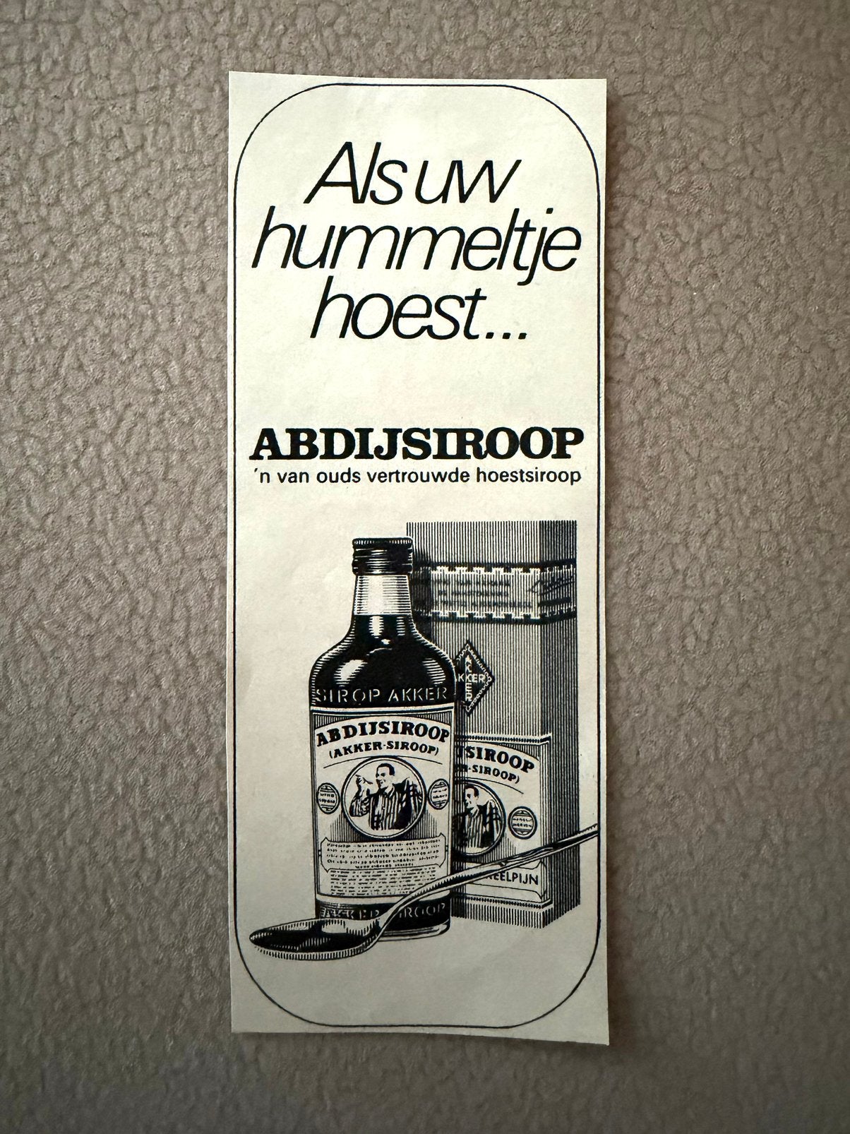 Vintage baby reclame als uw hummeltje hoest Abdijsiroop 1972, Ophalen of Verzenden, 1960 tot 1980, Nederland, Knipsel(s)