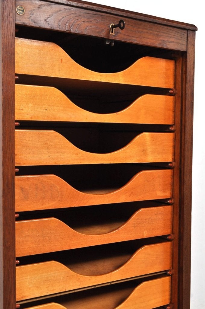 Vintage eiken roldeurkast rolluikkast archiefkast kast 1930, Minder dan 50 cm, Gebruikt, 100 tot 150 cm, Eikenhout