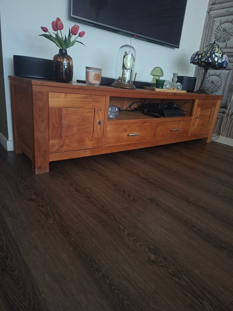 Teak tv meubel, Huis en Inrichting, Ophalen, 150 tot 200 cm, Teakhout, Zo goed als nieuw