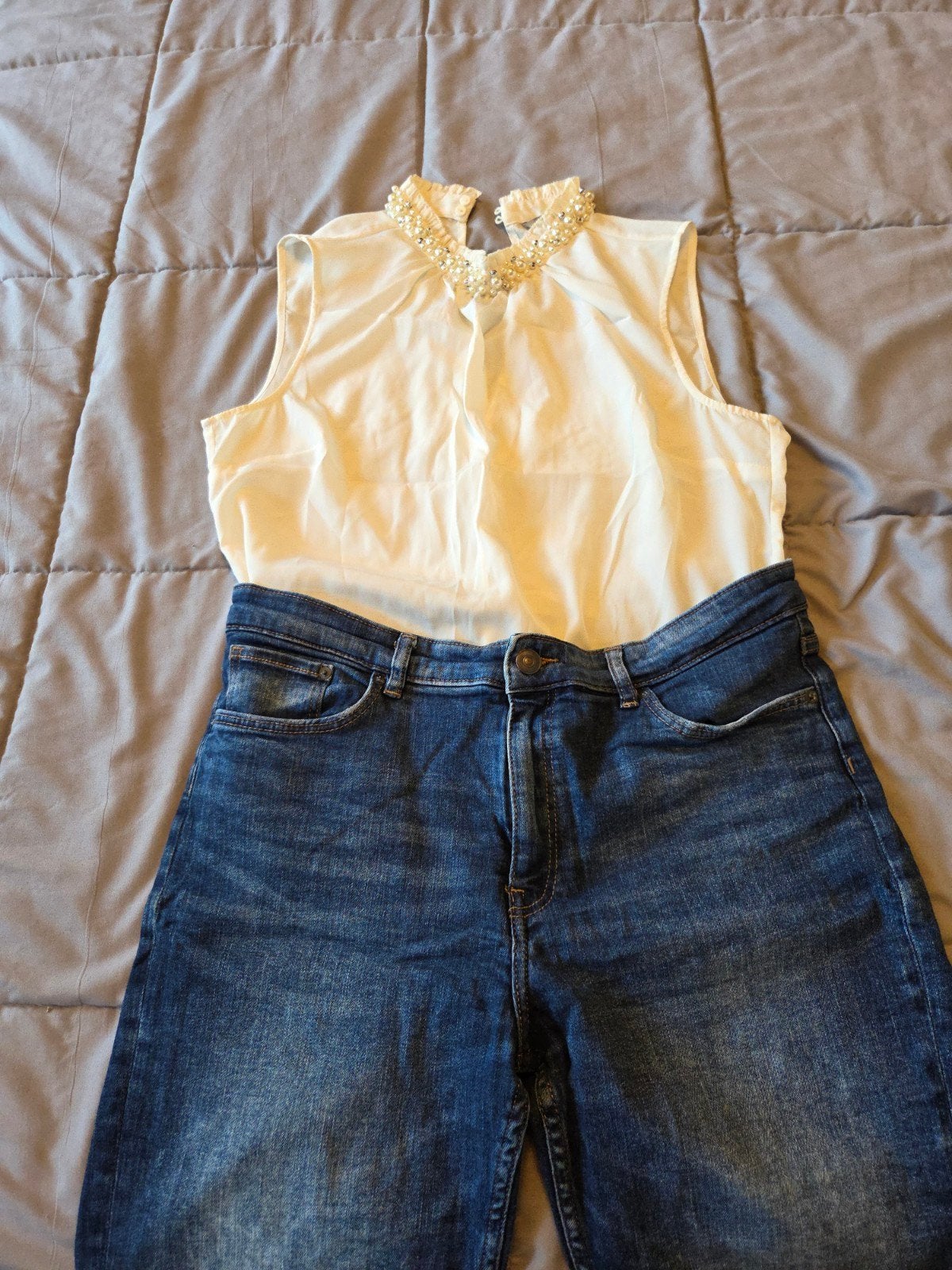 H&M Top met parels en jeans set, Maat 38/40 (M), H&M, Wit, Ophalen of Verzenden