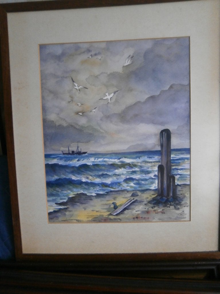 Mooi Aquarel schild Kustgezicht met Logger, Antiek en Kunst, Kunst | Schilderijen | Klassiek, Ophalen of Verzenden
