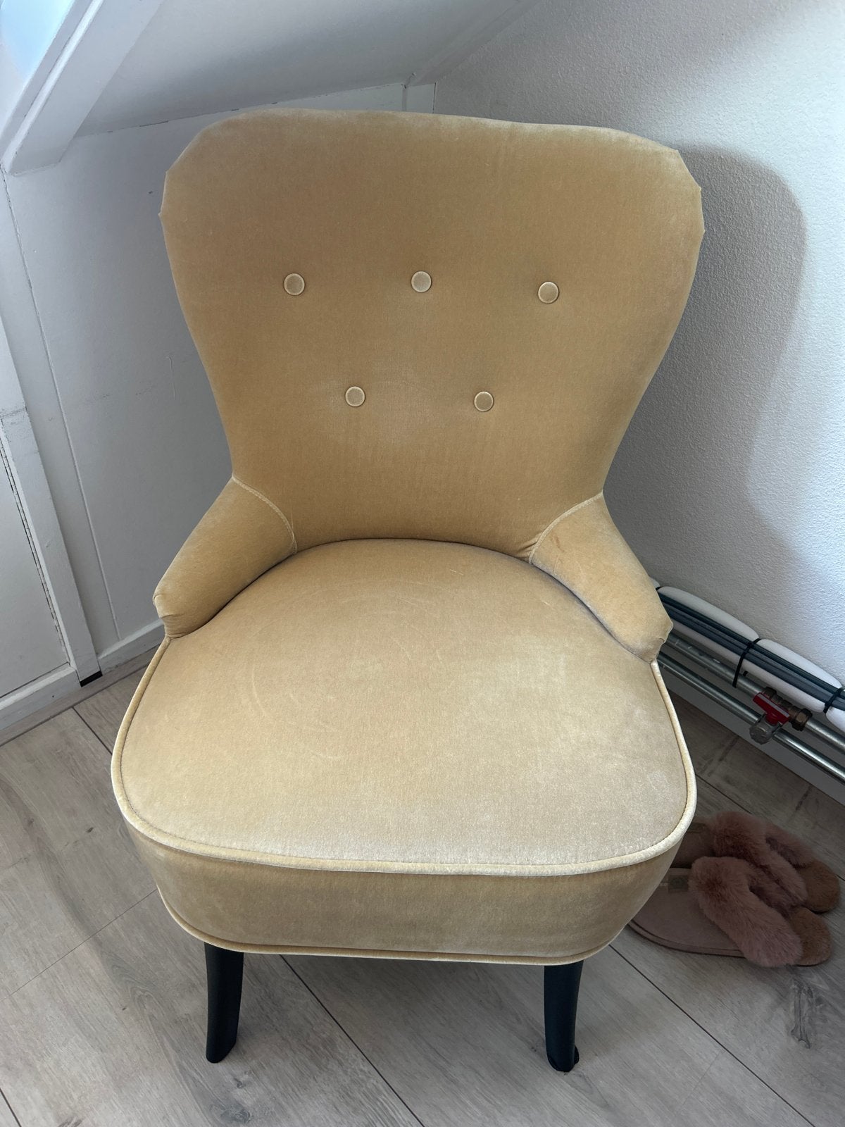 Comfortabele fauteuil in beige velours, Ophalen, Gebruikt, Overige kleuren, Eén