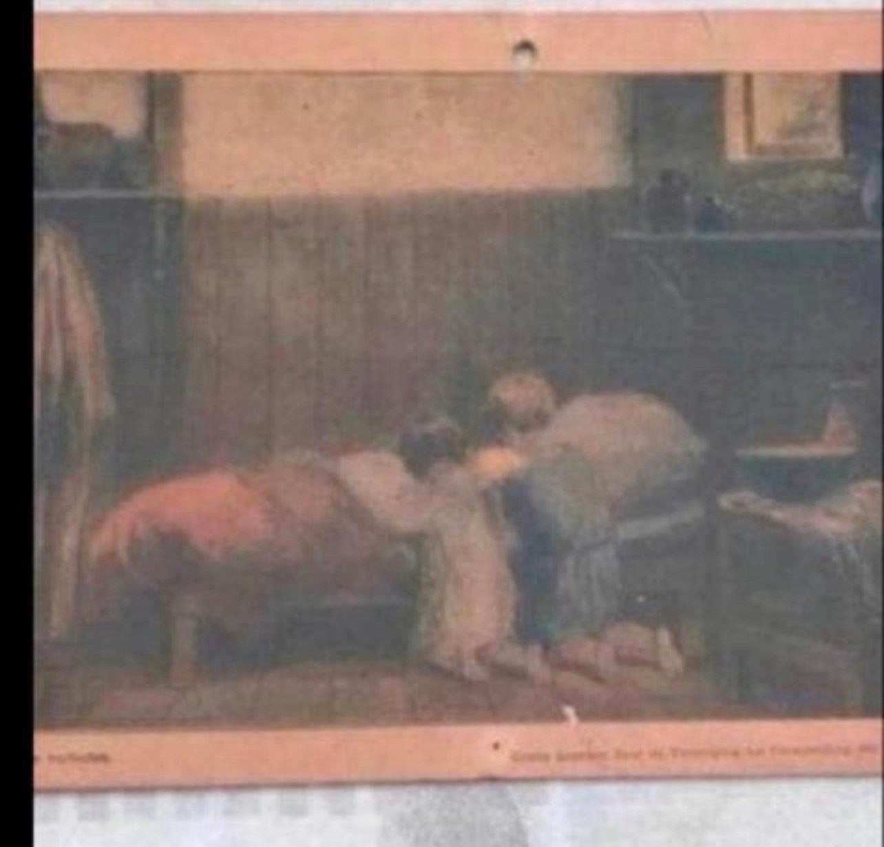 Oude Prent: Kinderen biddend bij bed, Antiek en Kunst, Ophalen of Verzenden