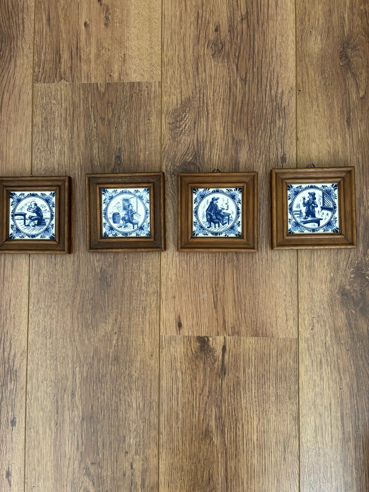 Set van 4 Delfts Blauwe Tegeltjes in Houten Lijst, Ophalen of Verzenden