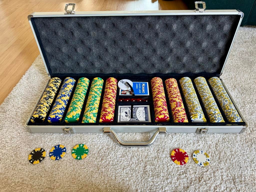 Pokerset in aluminium koffer met 500 chips en kaarten, Ophalen of Verzenden, Gebruikt