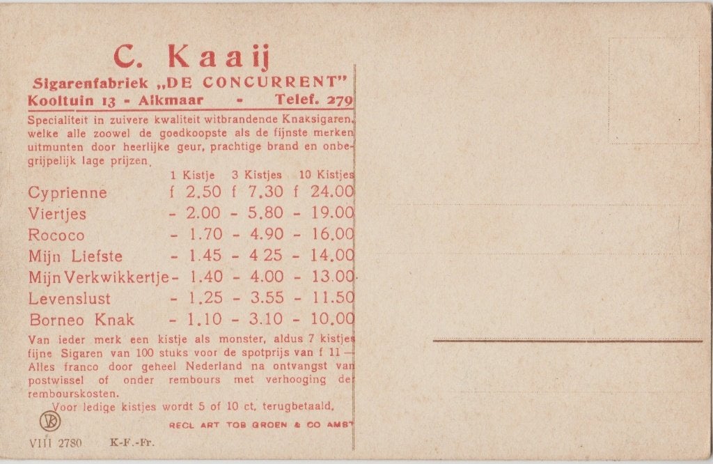 sigarenfabriek c kaaij de concurrent sigaren  tabak alkmaar, Ophalen of Verzenden, Gebruikt, Overige typen
