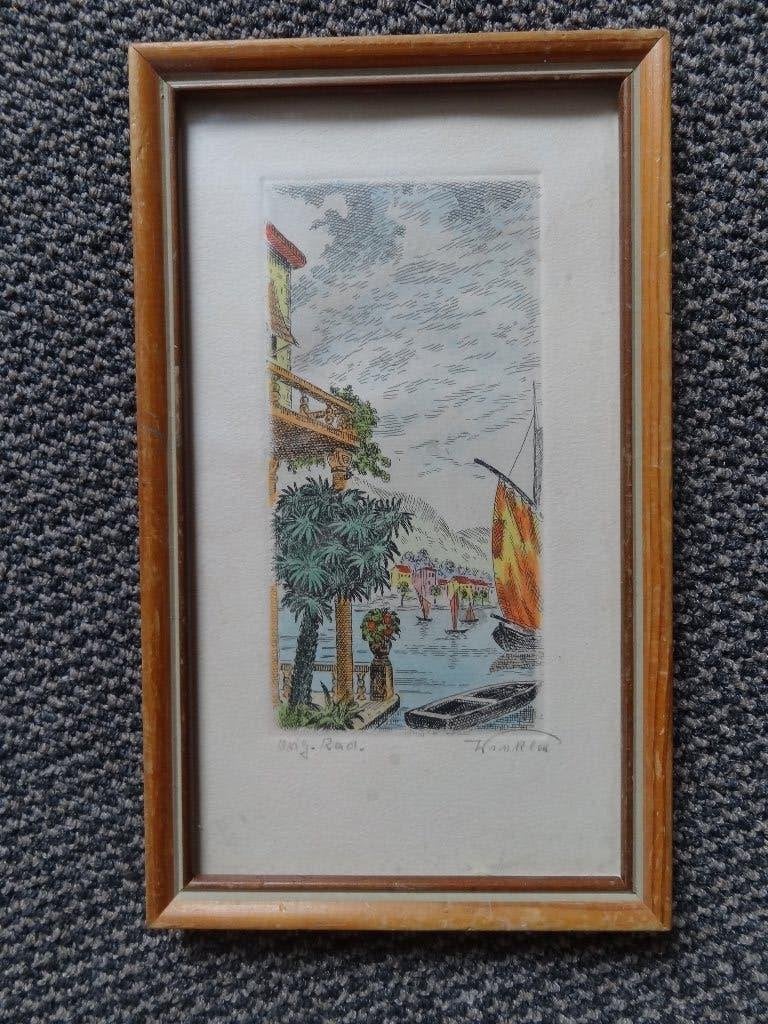 Ets in kleur, ingelijst 21x13 cm, gesigneerd en orig. rad, Verzenden, Stadsgezicht, Ets, Gesigneerd