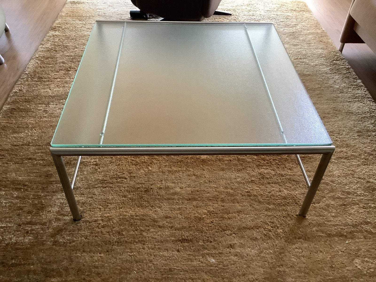 Salontafel met glasplaat en metalen frame 90x90x48 cm, Ophalen, Gebruikt, 50 tot 100 cm, Vierkant