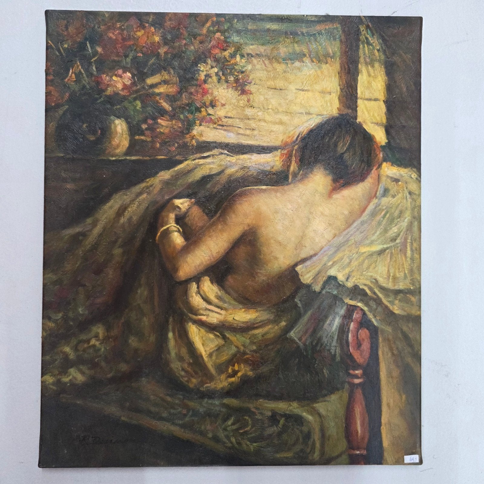 Klassiek schilderij, vrouwelijk naakt, 50x60cm, Doek, Portret of Personen, Ophalen of Verzenden, Olieverf