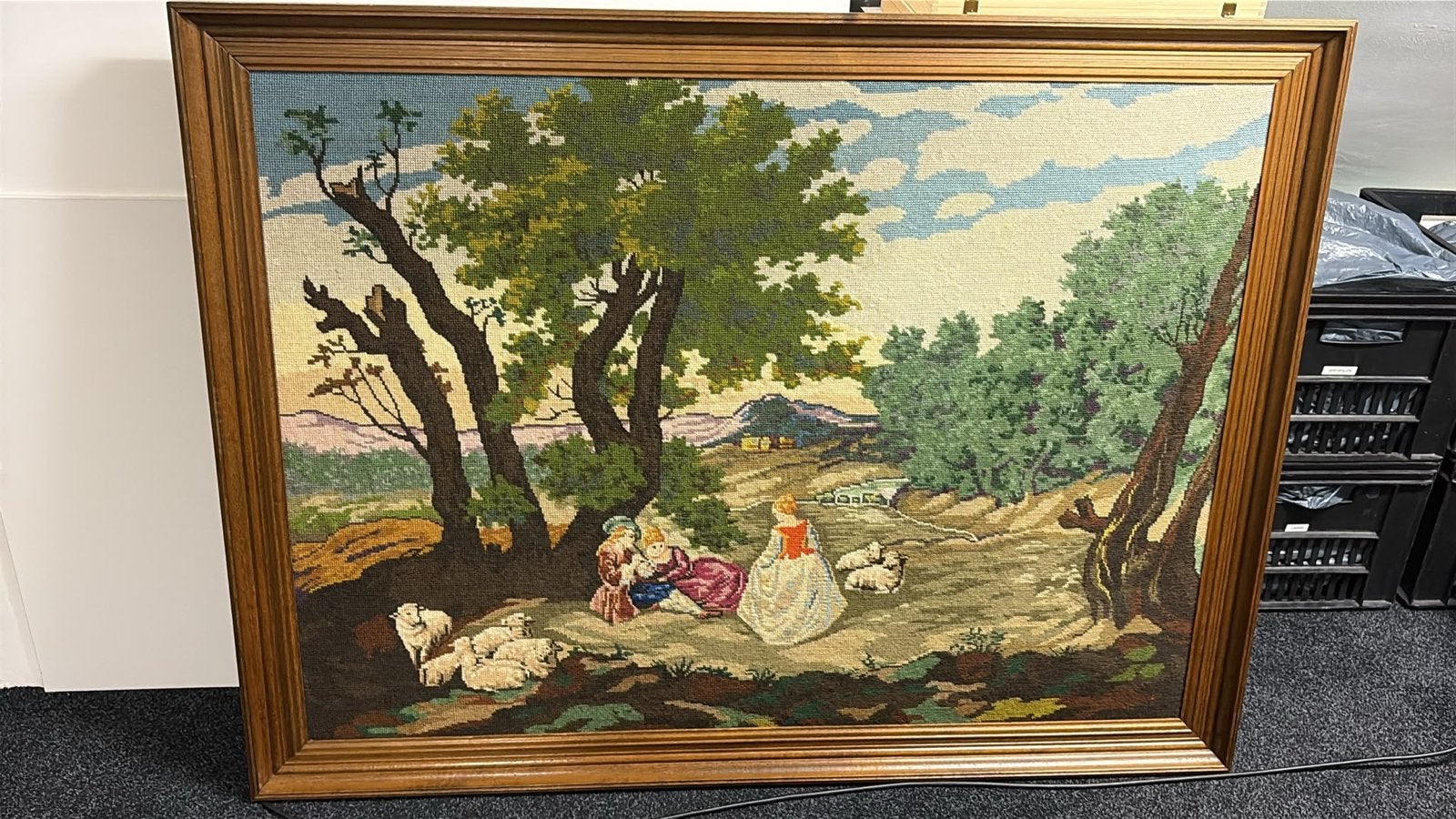Antiek wandtapijt met pastorale scène en schapen, Antiek en Kunst, Ophalen, Portret of Personen, Klassiek, Ingelijst