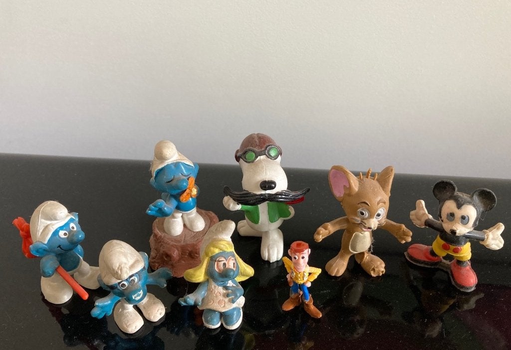 8 oude smurfen snoepie Mickey mouse poppetjes, Ophalen of Verzenden, Gebruikt