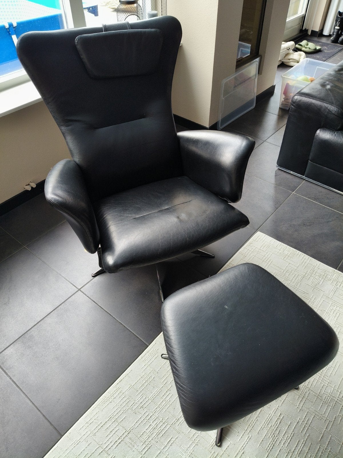 Zwarte leren Montel Fauteuil, Huis en Inrichting, Fauteuils, Ophalen of Verzenden, Gebruikt, 75 tot 100 cm, 50 tot 75 cm
