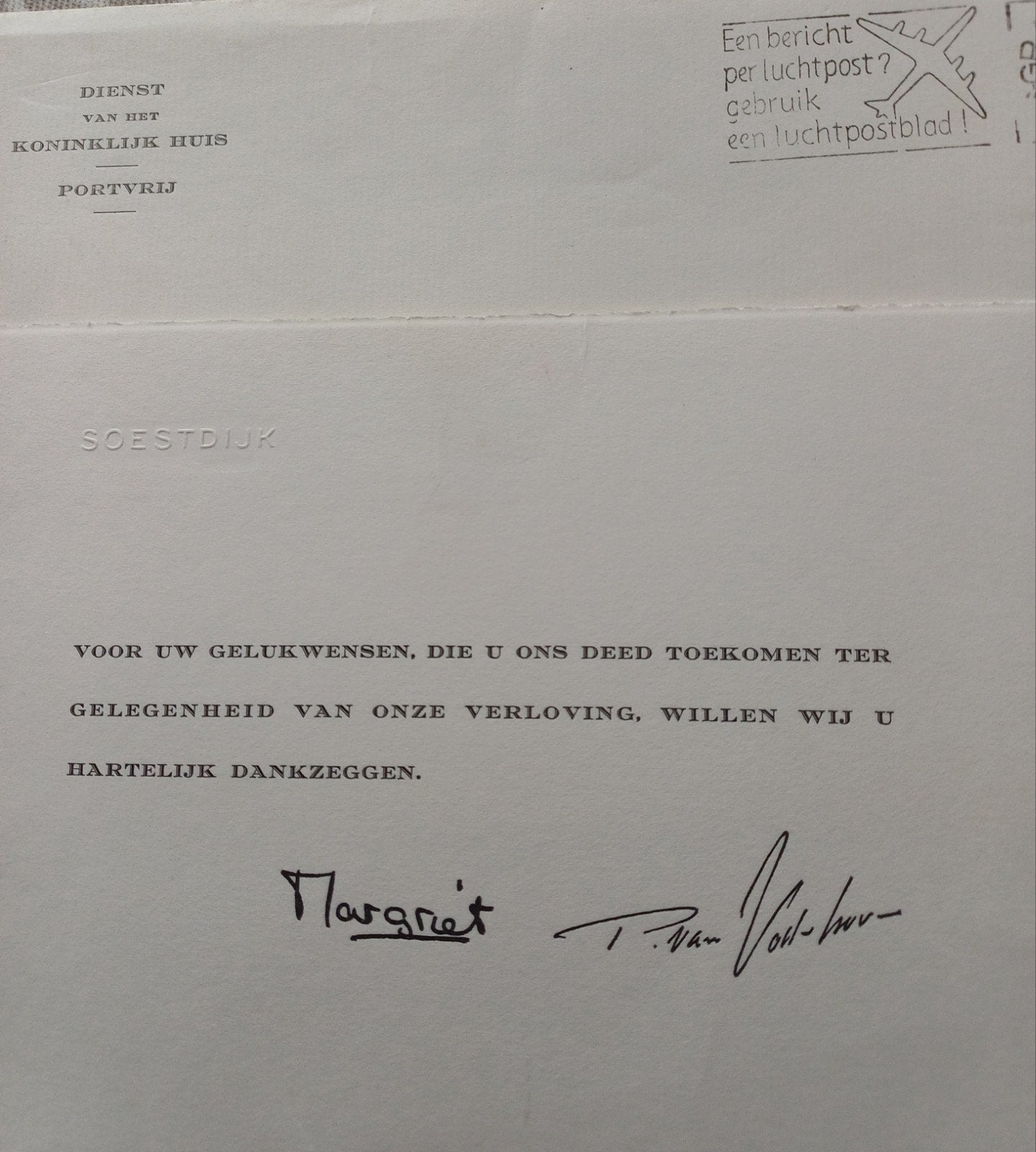 Bedankkaart van verloving Margriet  & Pieter 1965, Verzamelen, Koninklijk Huis en Royalty, Ophalen of Verzenden, Zo goed als nieuw