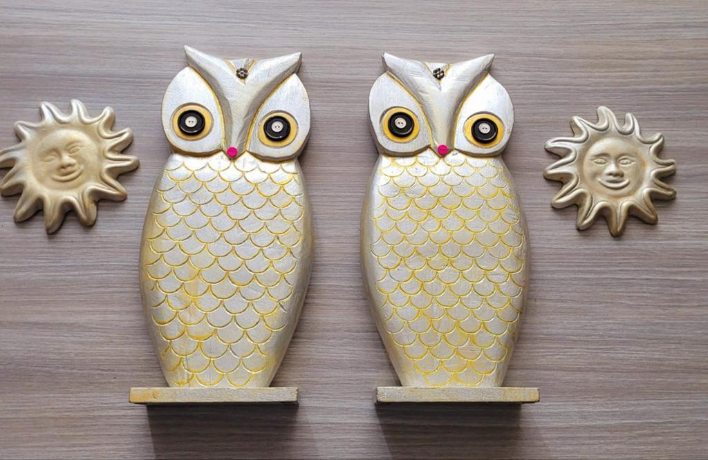 Decoratieve Uilen Beeldjes - Set van 2, Hout, Ophalen of Verzenden, Zo goed als nieuw, Modern