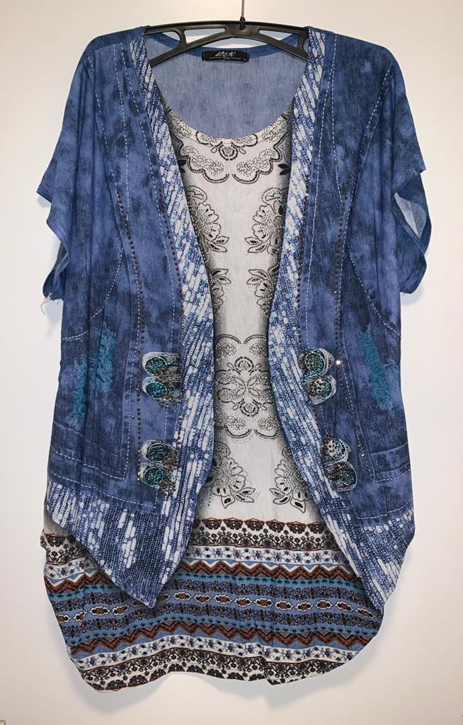 Blauw shirt / tuniek met Design, maat 42/44, Kleding | Dames, Ophalen of Verzenden, Zo goed als nieuw, Maat 42/44 (L), Blauw