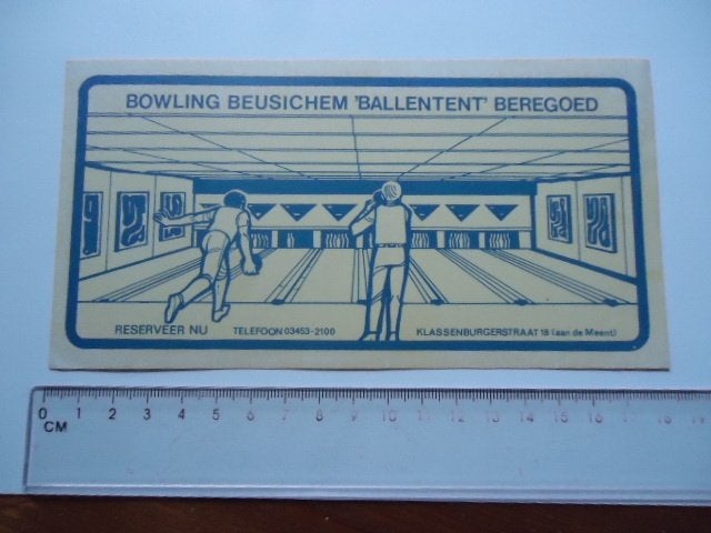 sticker oud Beusichem groot bowling Ballentent strip retro, Ophalen of Verzenden, Zo goed als nieuw, Bedrijf of Vereniging